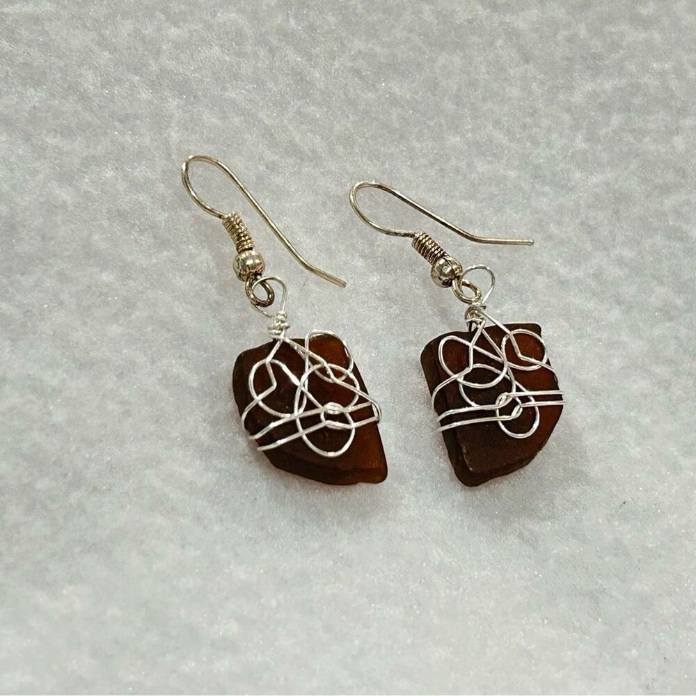 Handcrafted Silver and Brown Wire-Wrapped Earrings